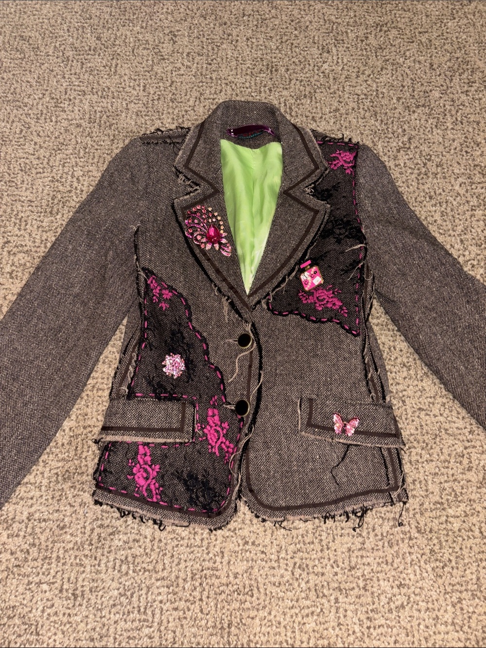 Brown Teeed Blazer with Pink Embroidered Accents and Brooches Small